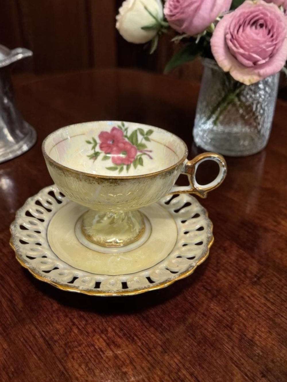 intage Japanese Pedestal Teacup & Reticulated Saucer – Pink Rose Lusterware